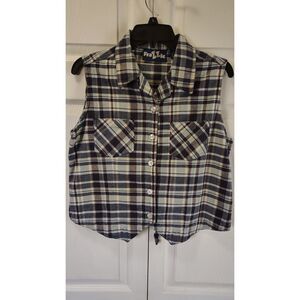 Vintage Frazzle Plaid Sleeveless Button-Up Blouse XL